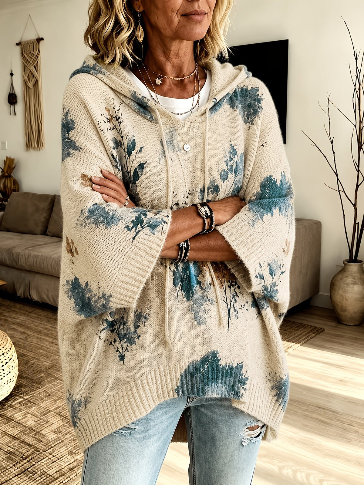 Hooded Cape Sweater Floral Print Drawstring Knit Women's – Casual, Everyday · Faylori