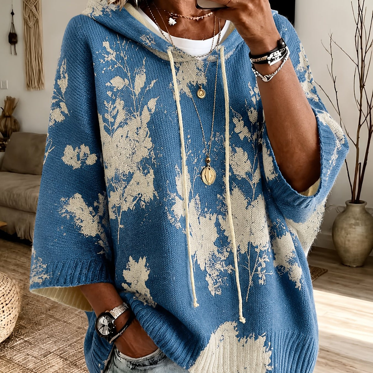 Hooded Cape Sweater Floral Print Drawstring Knit Women's – Casual, Everyday · Faylori