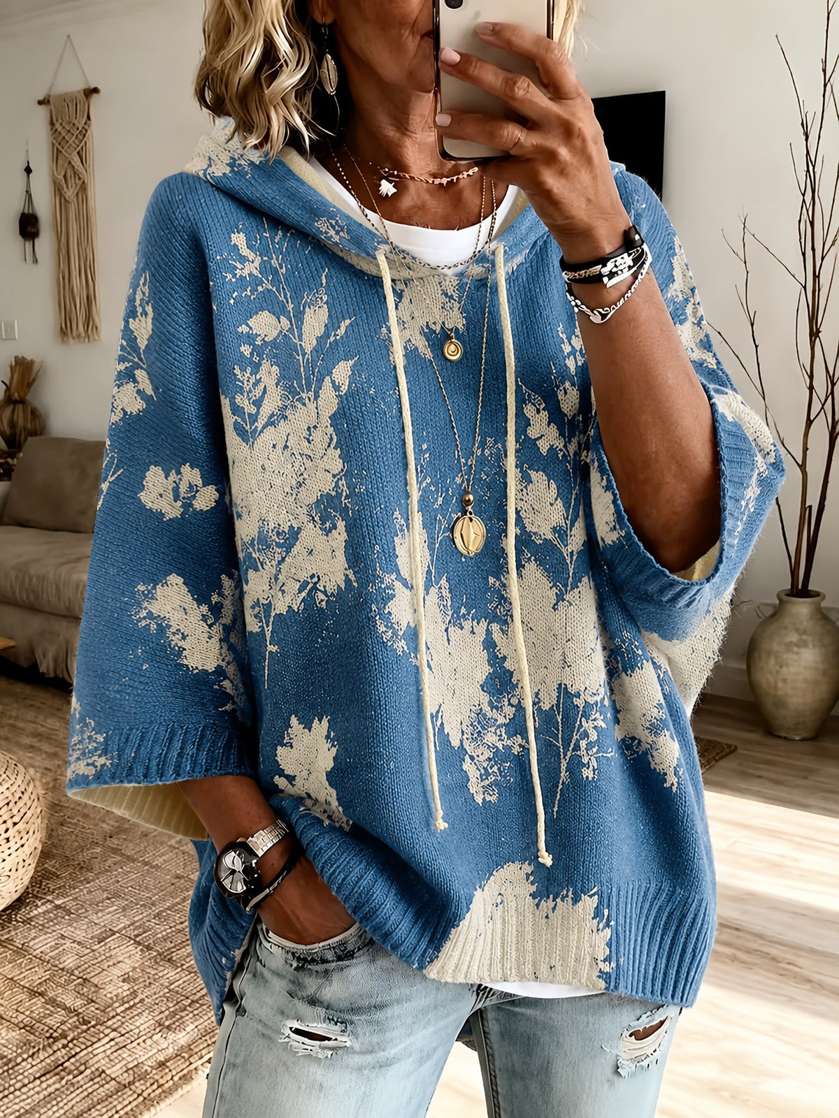 Hooded Cape Sweater Floral Print Drawstring Knit Women's – Casual, Everyday · Faylori