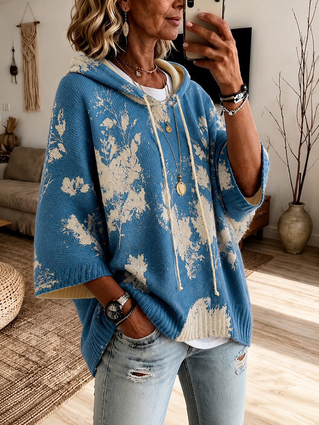 Hooded Cape Sweater Floral Print Drawstring Knit Women's – Casual, Everyday · Faylori