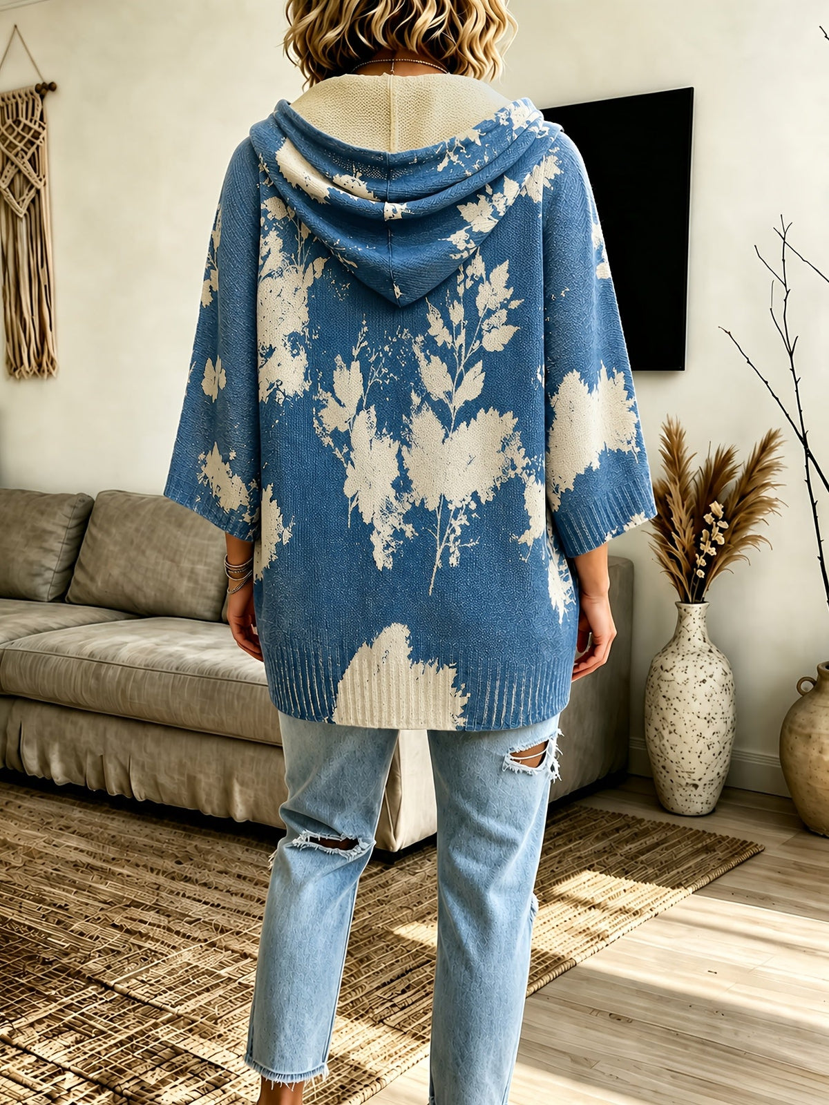 Hooded Cape Sweater Floral Print Drawstring Knit Women's – Casual, Everyday · Faylori