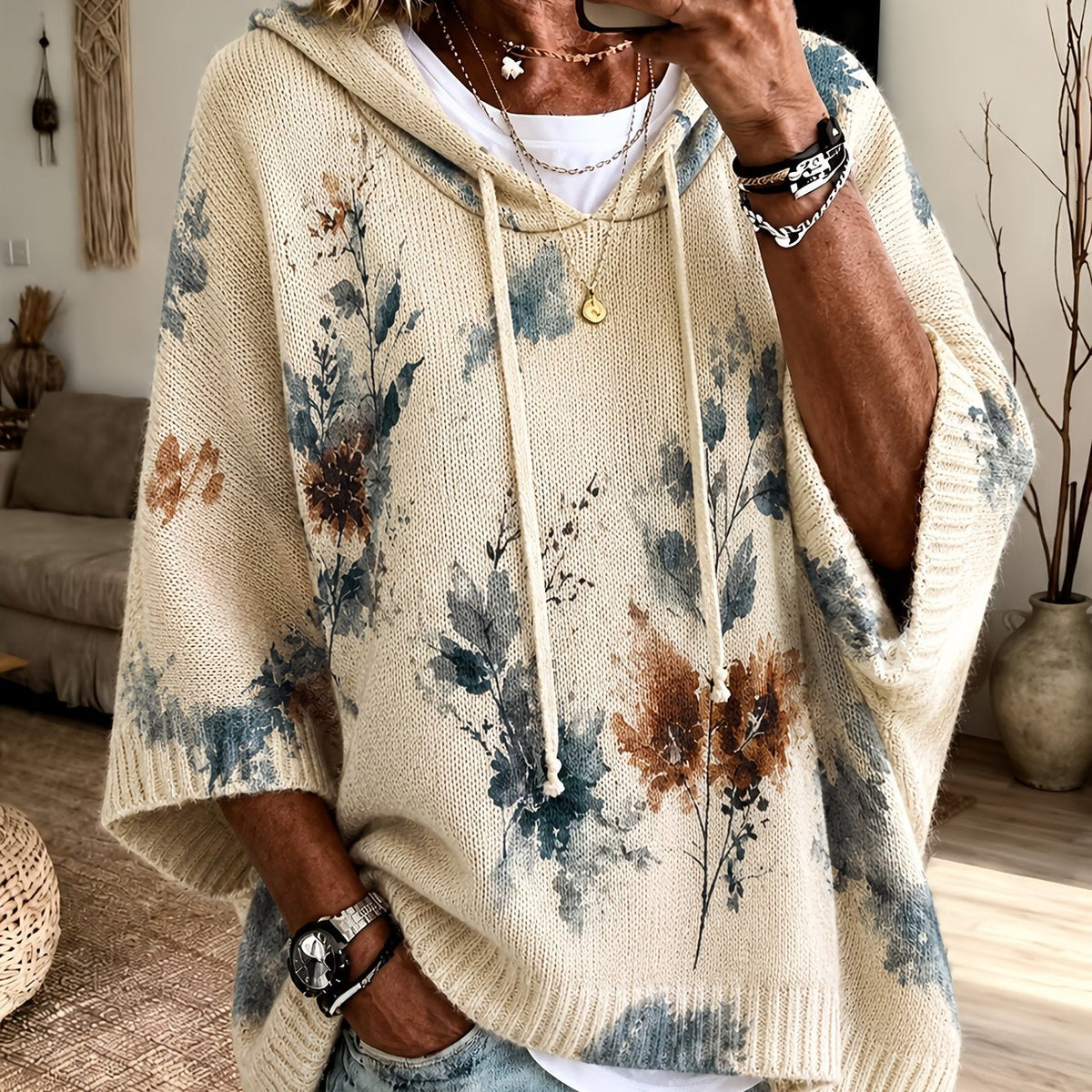Hooded Cape Sweater Floral Print Drawstring Knit Women's – Casual, Everyday · Faylori