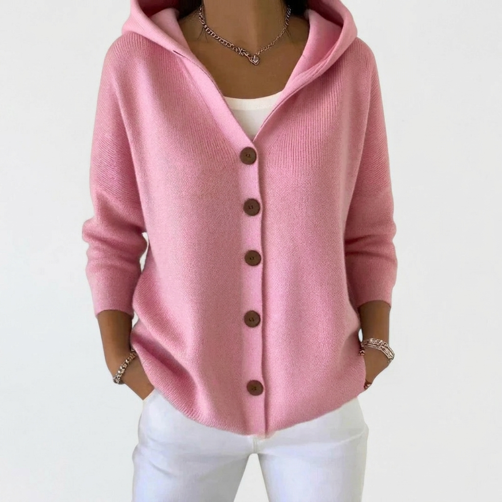 Hooded Cardigan Women's Pink Button-Front Knit Sweater with Pockets – Casual, Office, Holiday, Gift