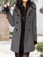Hooded Double-Breasted Coat Women's Black Mid-Length Lapel Overcoat – Casual, Office, Winter, Gift