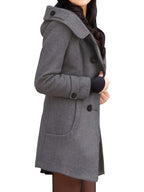 Hooded Double-Breasted Coat Women's Black Mid-Length Lapel Overcoat – Casual, Office, Winter, Gift