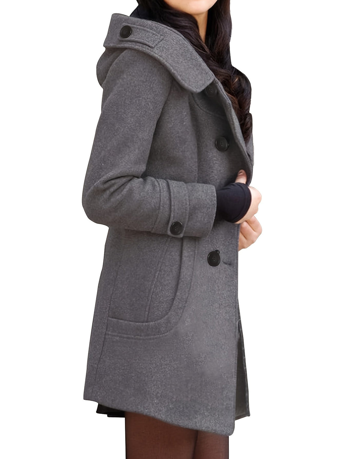 Hooded Double-Breasted Coat Women's Black Mid-Length Lapel Overcoat – Casual, Office, Winter, Gift