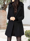 Hooded Double-Breasted Coat Women's Black Mid-Length Lapel Overcoat – Casual, Office, Winter, Gift