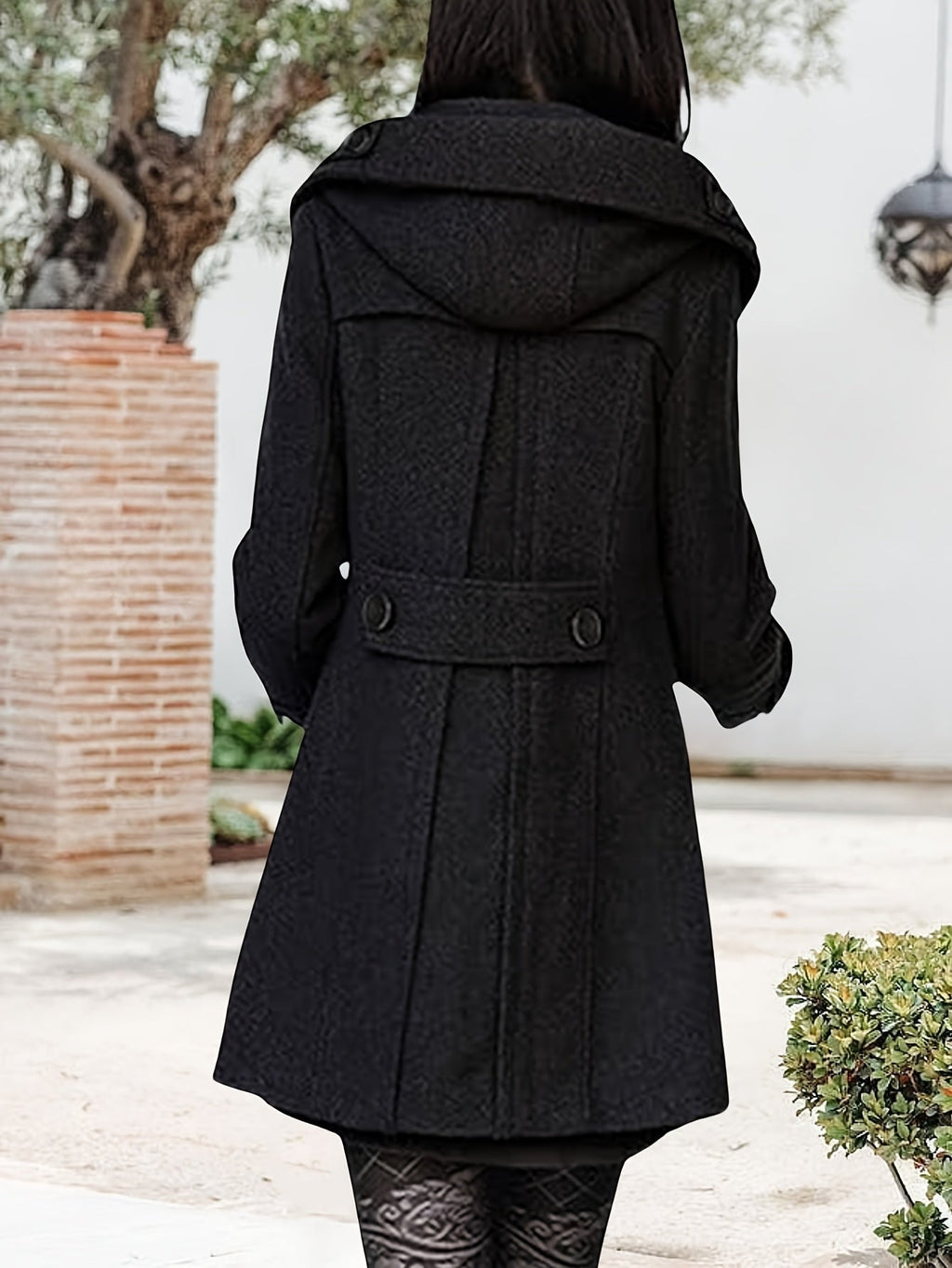 Hooded Double-Breasted Coat Women's Black Mid-Length Lapel Overcoat – Casual, Office, Winter, Gift