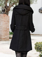 Hooded Double-Breasted Coat Women's Black Mid-Length Lapel Overcoat – Casual, Office, Winter, Gift