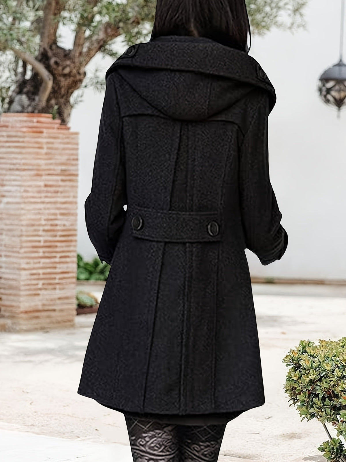 Hooded Double-Breasted Coat Women's Black Mid-Length Lapel Overcoat – Casual, Office, Winter, Gift