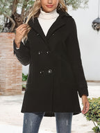 Hooded Double-Breasted Coat Women's Black Mid-Length Lapel Overcoat – Casual, Office, Winter, Gift