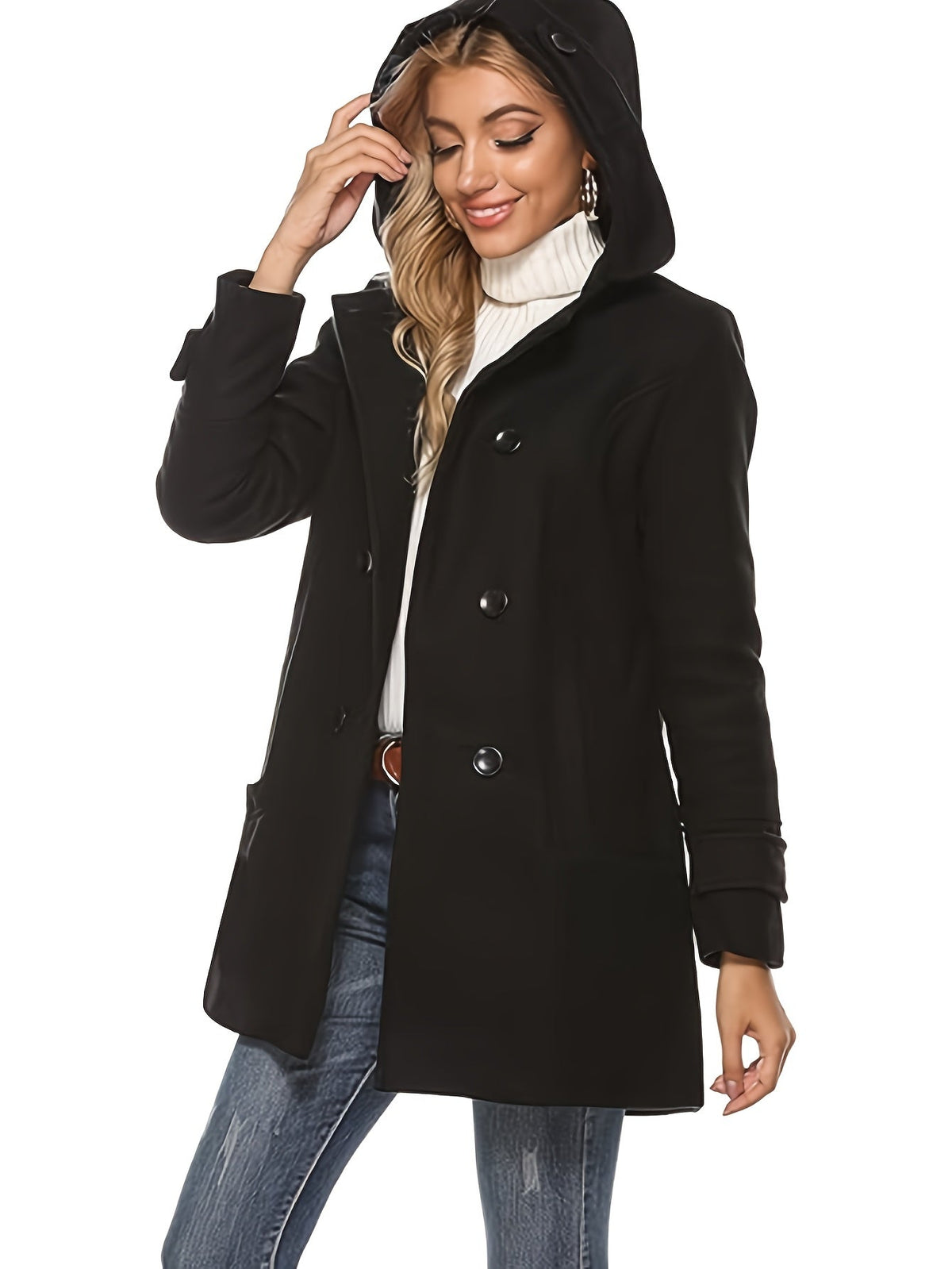 Hooded Double-Breasted Coat Women's Black Mid-Length Lapel Overcoat – Casual, Office, Winter, Gift