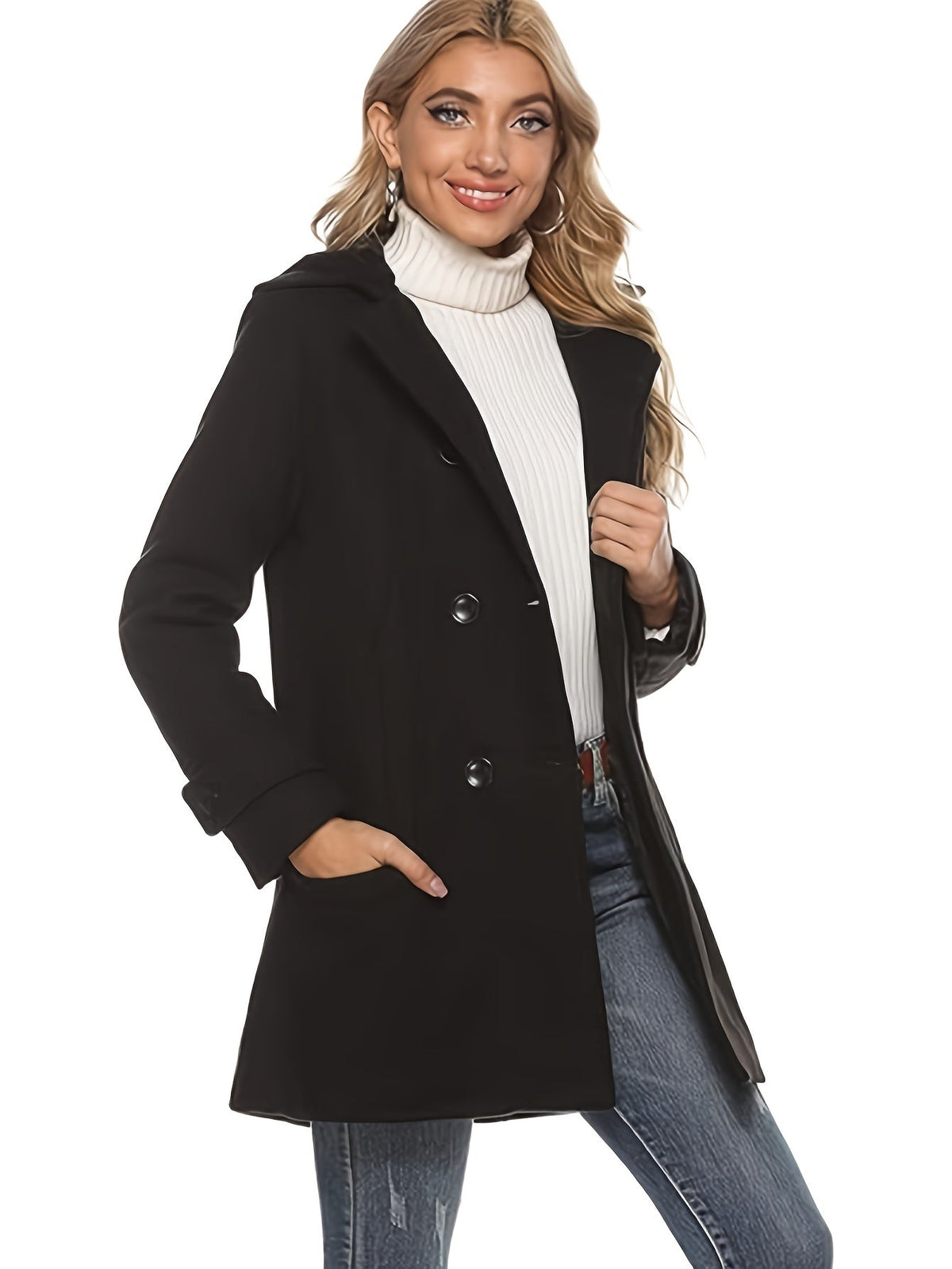 Hooded Double-Breasted Coat Women's Black Mid-Length Lapel Overcoat – Casual, Office, Winter, Gift