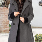Hooded Double-Breasted Coat Women's Black Mid-Length Lapel Overcoat – Casual, Office, Winter, Gift