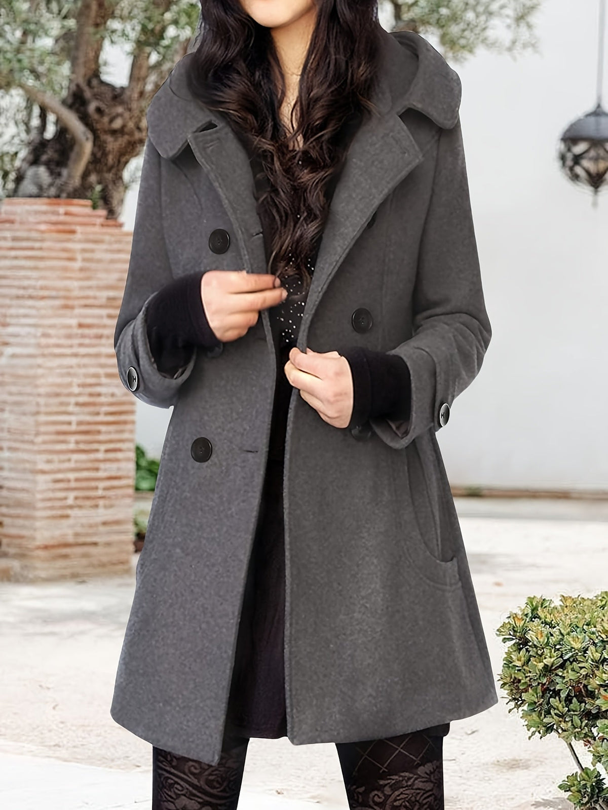 Hooded Double-Breasted Coat Women's Black Mid-Length Lapel Overcoat – Casual, Office, Winter, Gift