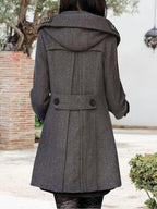 Hooded Double-Breasted Coat Women's Black Mid-Length Lapel Overcoat – Casual, Office, Winter, Gift