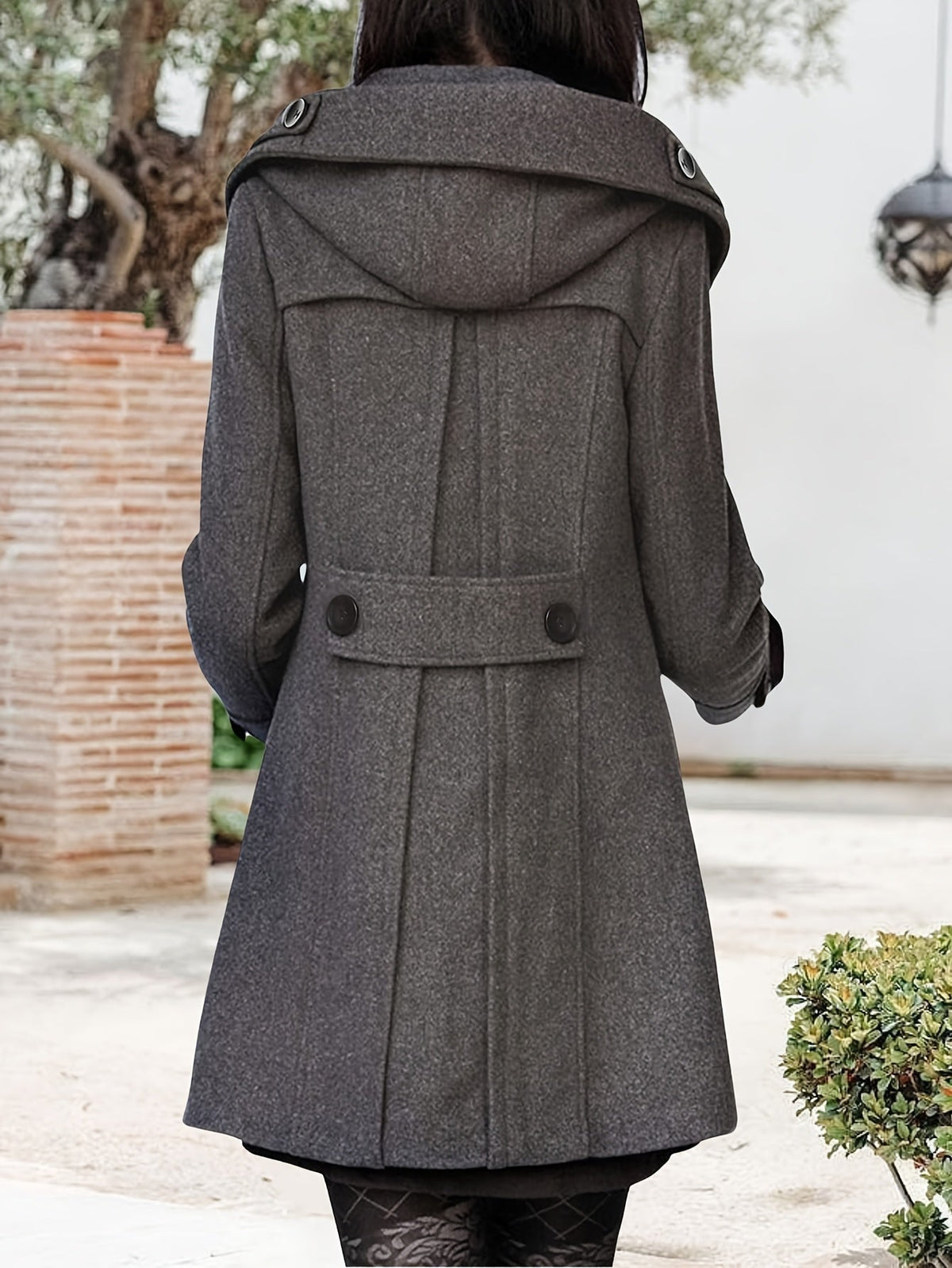 Hooded Double-Breasted Coat Women's Black Mid-Length Lapel Overcoat – Casual, Office, Winter, Gift