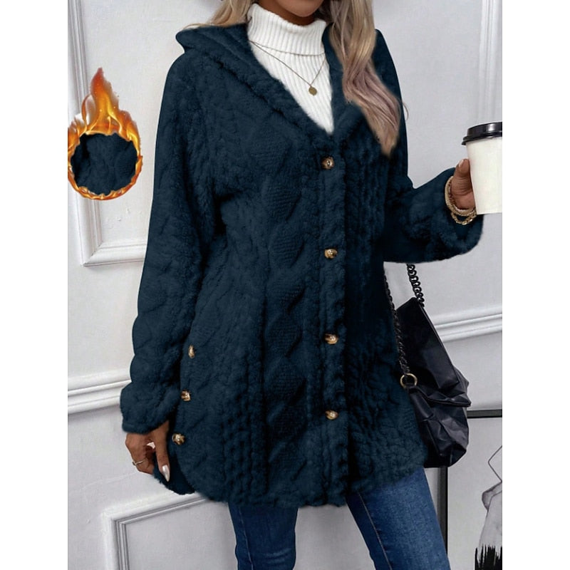 Hooded Fleece Jacket Women's White Textured Button-Front Coat – Casual, Office, Holiday, Gift