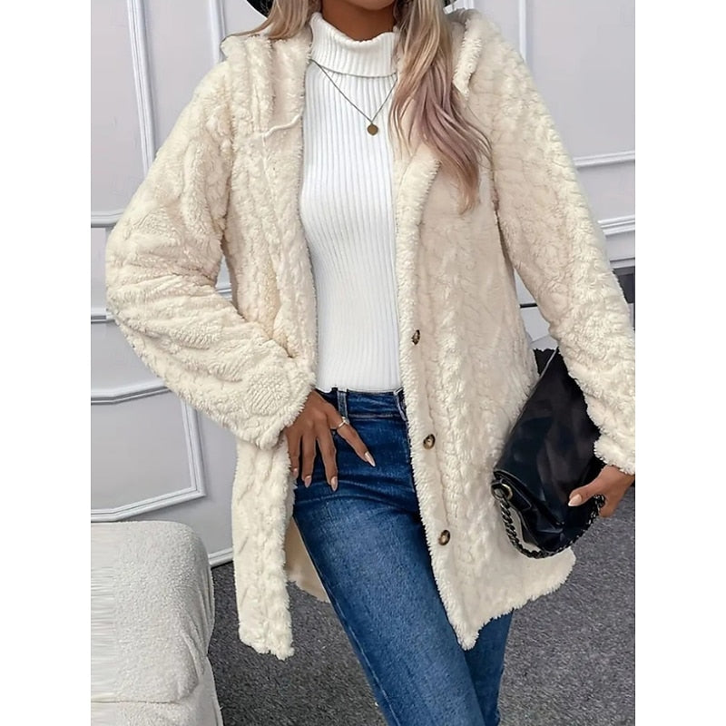 Hooded Fleece Jacket Women's White Textured Button-Front Coat – Casual, Office, Holiday, Gift