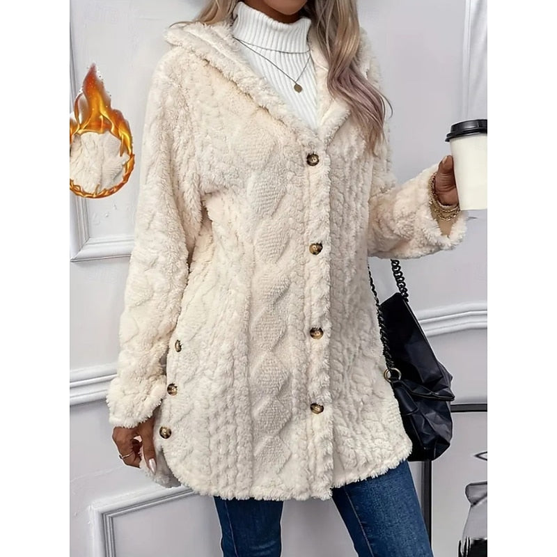 Hooded Fleece Jacket Women's White Textured Button-Front Coat – Casual, Office, Holiday, Gift