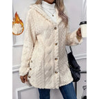 Hooded Fleece Jacket Women's White Textured Button-Front Coat – Casual, Office, Holiday, Gift
