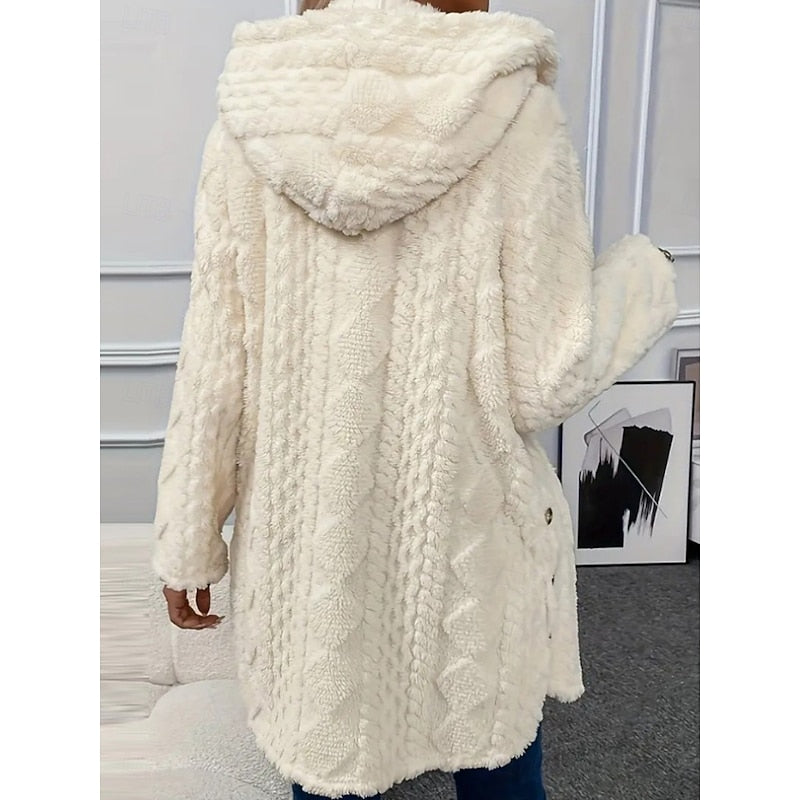 Hooded Fleece Jacket Women's White Textured Button-Front Coat – Casual, Office, Holiday, Gift