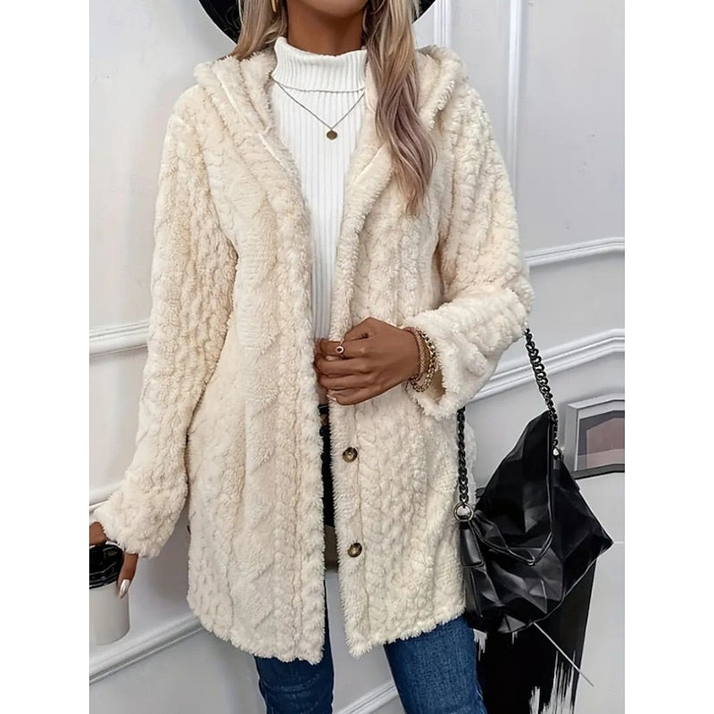 Hooded Fleece Jacket Women's White Textured Button-Front Coat – Casual, Office, Holiday, Gift