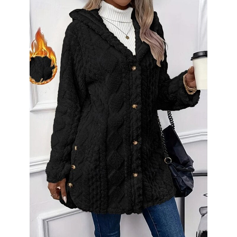 Hooded Fleece Jacket Women's White Textured Button-Front Coat – Casual, Office, Holiday, Gift
