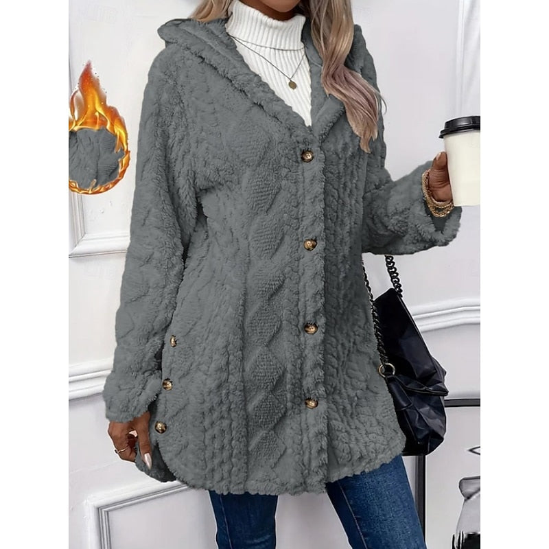 Hooded Fleece Jacket Women's White Textured Button-Front Coat – Casual, Office, Holiday, Gift