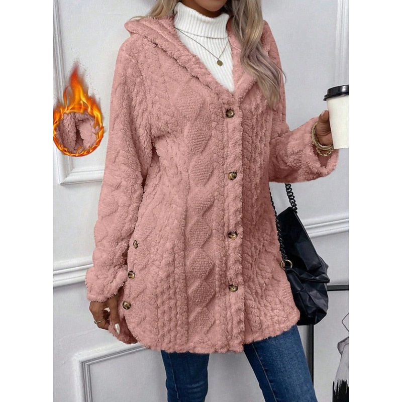 Hooded Fleece Jacket Women's White Textured Button-Front Coat – Casual, Office, Holiday, Gift