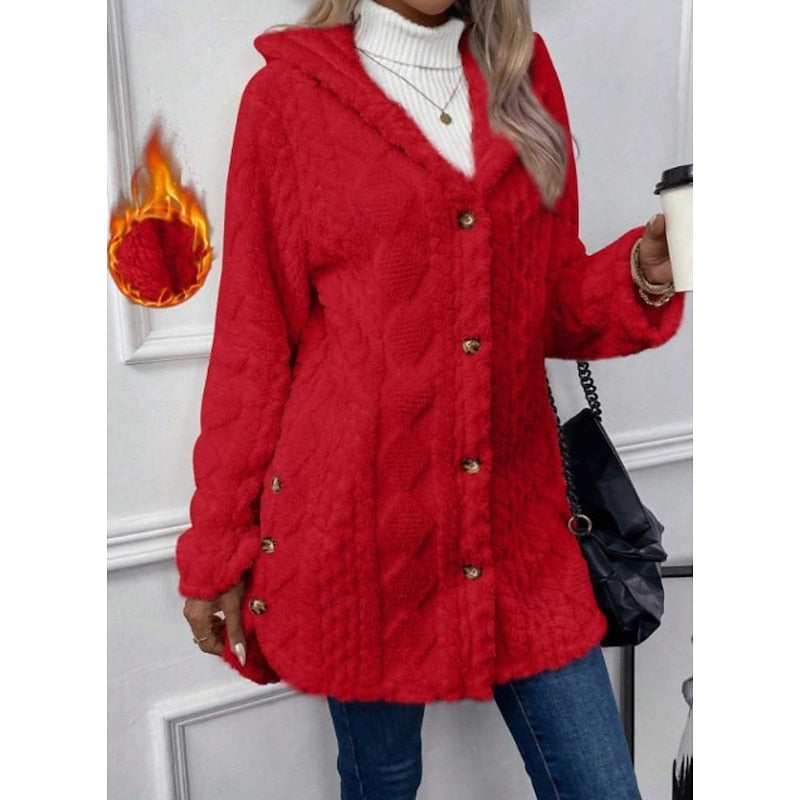 Hooded Fleece Jacket Women's White Textured Button-Front Coat – Casual, Office, Holiday, Gift