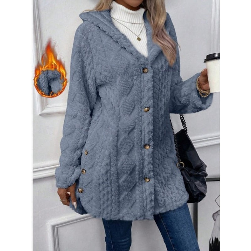 Hooded Fleece Jacket Women's White Textured Button-Front Coat – Casual, Office, Holiday, Gift