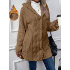 Hooded Fleece Jacket Women's White Textured Button-Front Coat – Casual, Office, Holiday, Gift