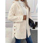 Hooded Fleece Jacket Women's White Textured Button-Front Coat – Casual, Office, Holiday, Gift