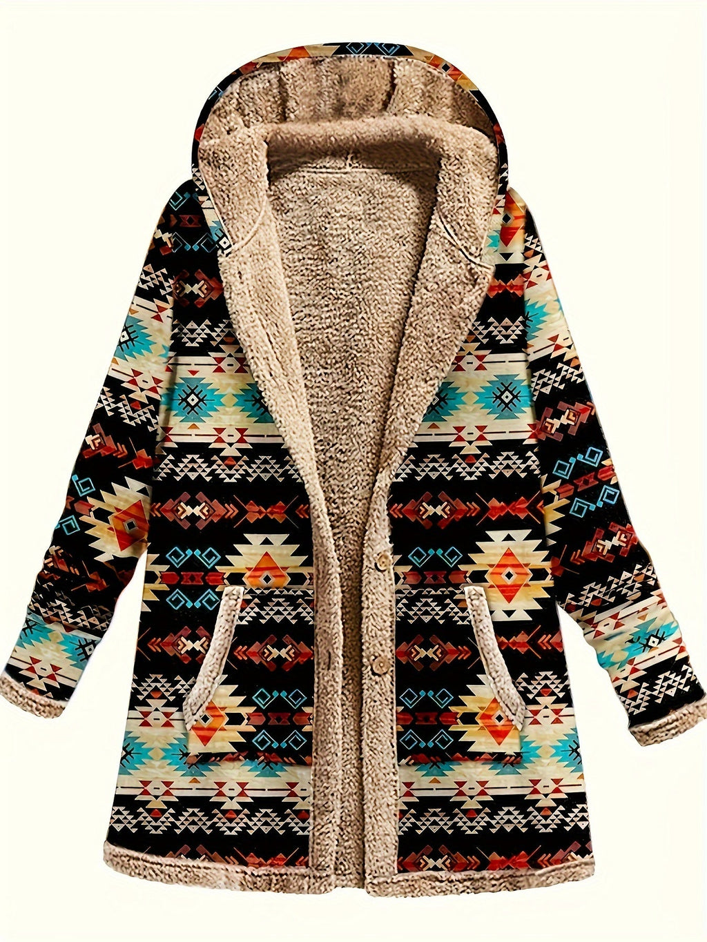 Hooded Fleece-Lined Coat Women's Aztec Print Long Sleeve with Pockets – Casual, Winter Warm Outerwear