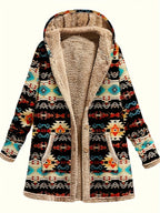 Hooded Fleece-Lined Coat Women's Aztec Print Long Sleeve with Pockets – Casual, Winter Warm Outerwear