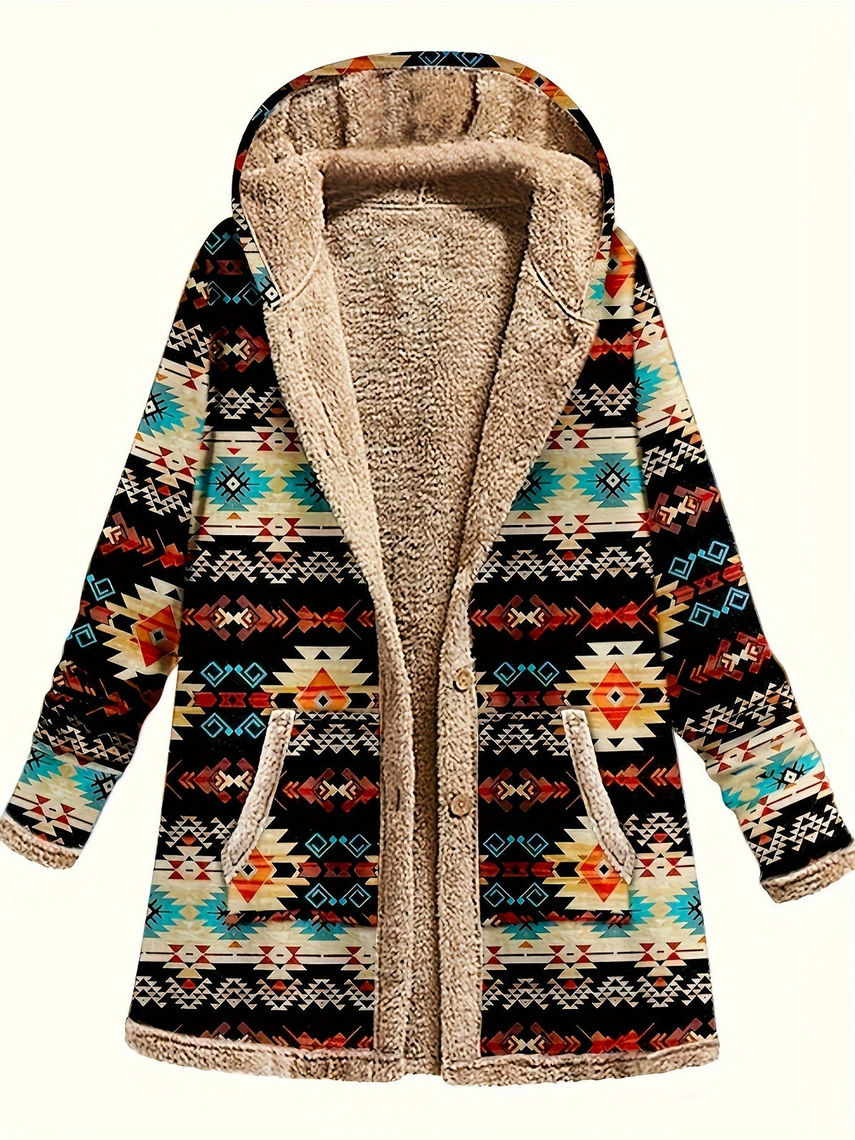 Hooded Fleece-Lined Coat Women's Aztec Print Long Sleeve with Pockets – Casual, Winter Warm Outerwear
