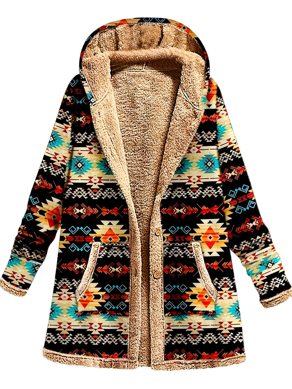 Hooded Fleece-Lined Coat Women's Aztec Print Long Sleeve with Pockets – Casual, Winter Warm Outerwear