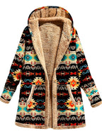 Hooded Fleece-Lined Coat Women's Aztec Print Long Sleeve with Pockets – Casual, Winter Warm Outerwear