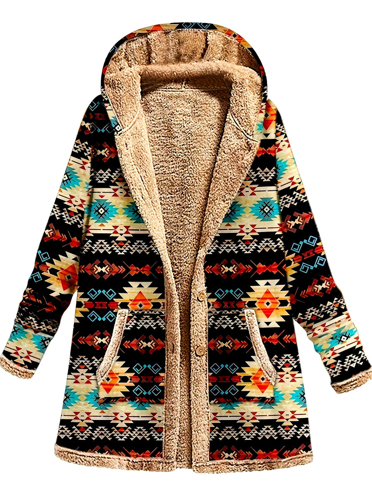 Hooded Fleece-Lined Coat Women's Aztec Print Long Sleeve with Pockets – Casual, Winter Warm Outerwear