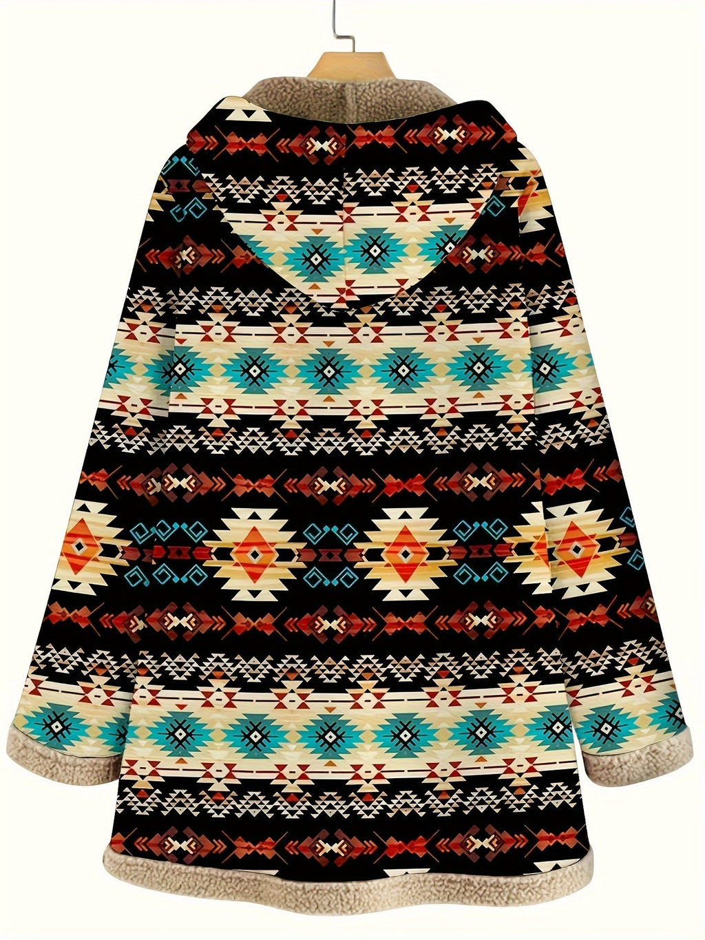 Hooded Fleece-Lined Coat Women's Aztec Print Long Sleeve with Pockets – Casual, Winter Warm Outerwear