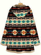 Hooded Fleece-Lined Coat Women's Aztec Print Long Sleeve with Pockets – Casual, Winter Warm Outerwear