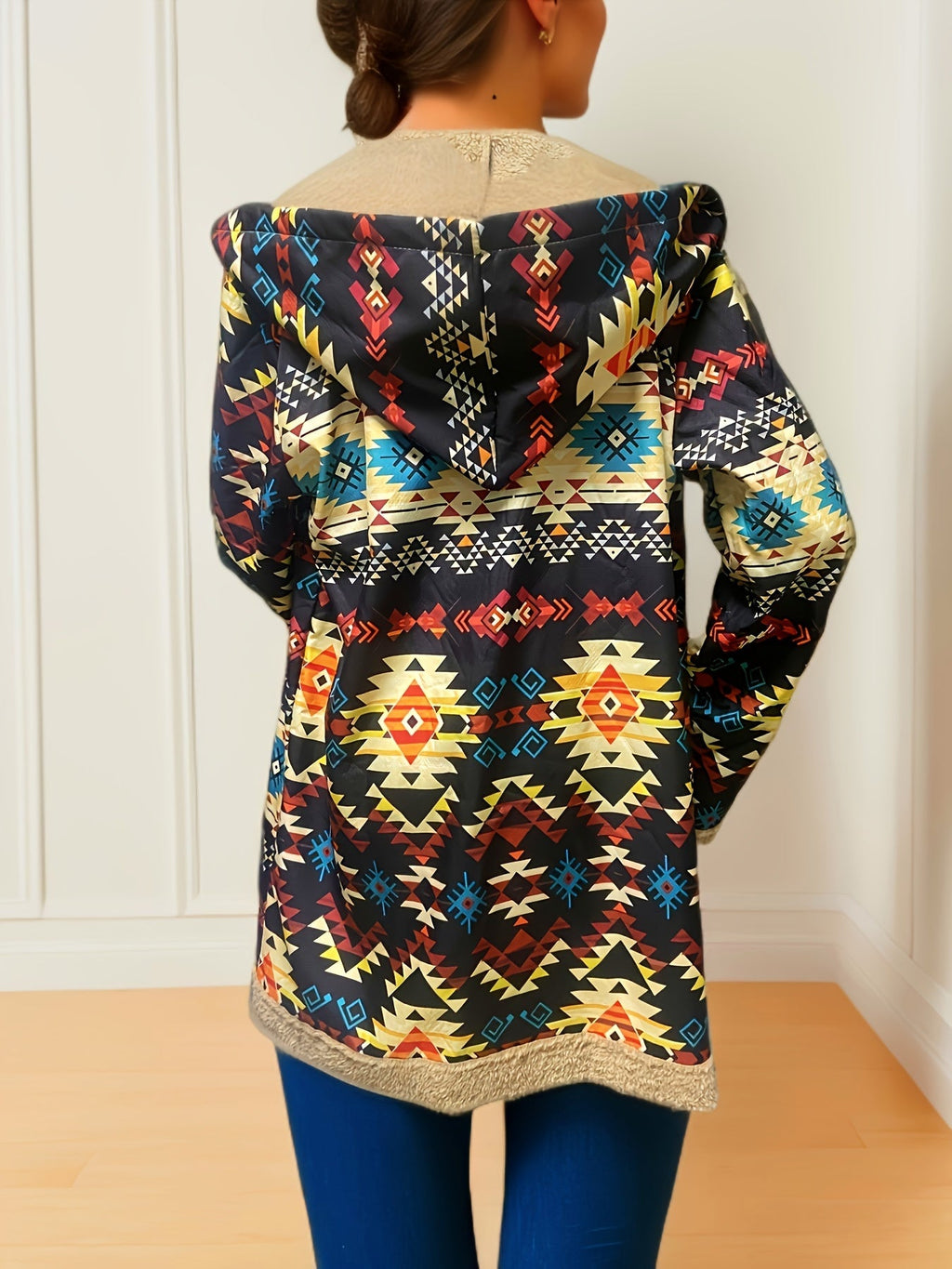 Hooded Fleece-Lined Coat Women's Aztec Print Long Sleeve with Pockets – Casual, Winter Warm Outerwear