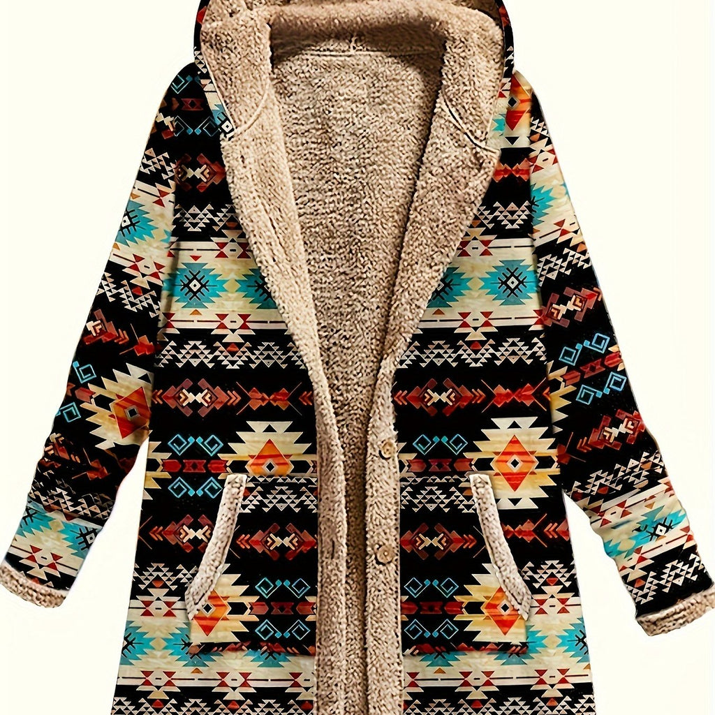 Hooded Fleece-Lined Coat Women's Aztec Print Long Sleeve with Pockets – Casual, Winter Warm Outerwear