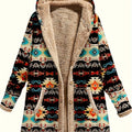 Hooded Fleece-Lined Coat Women's Aztec Print Long Sleeve with Pockets – Casual, Winter Warm Outerwear