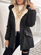 Hooded Fleece-Lined Jacket Black Women's Zip-Up Drawstring Coat – Casual, Winter Warmth