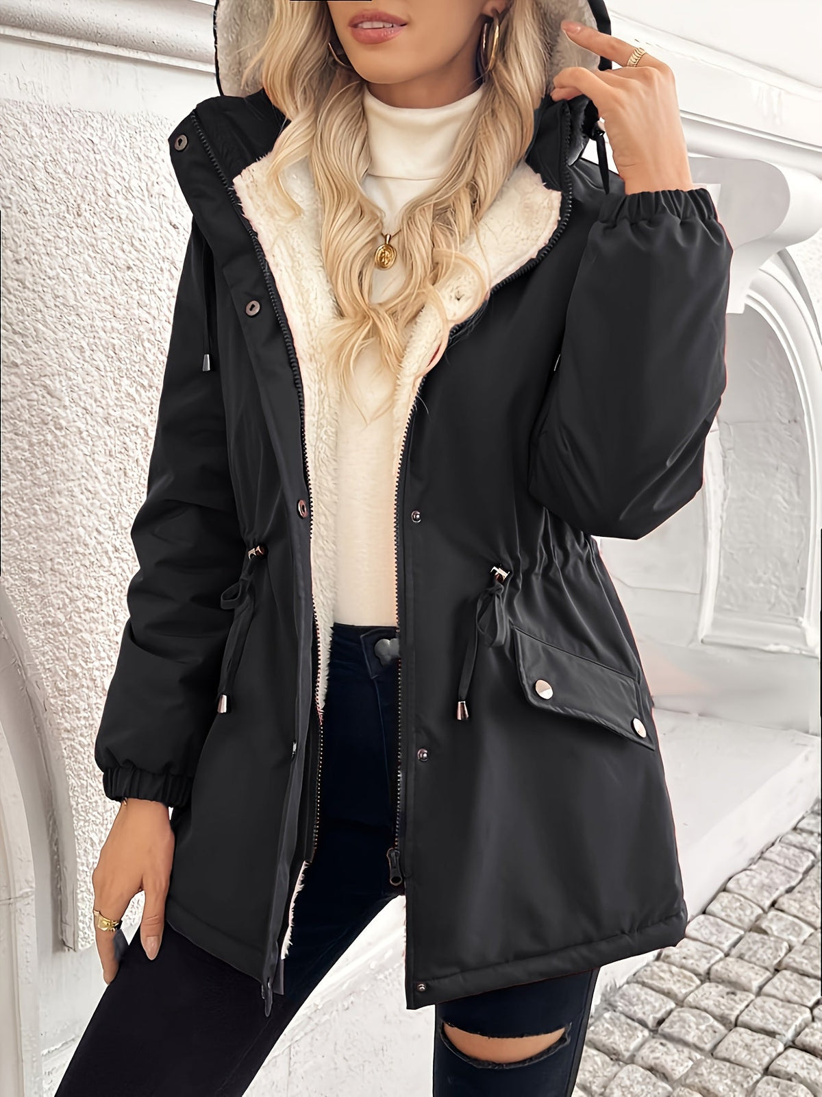 Hooded Fleece-Lined Jacket Black Women's Zip-Up Drawstring Coat – Casual, Winter Warmth
