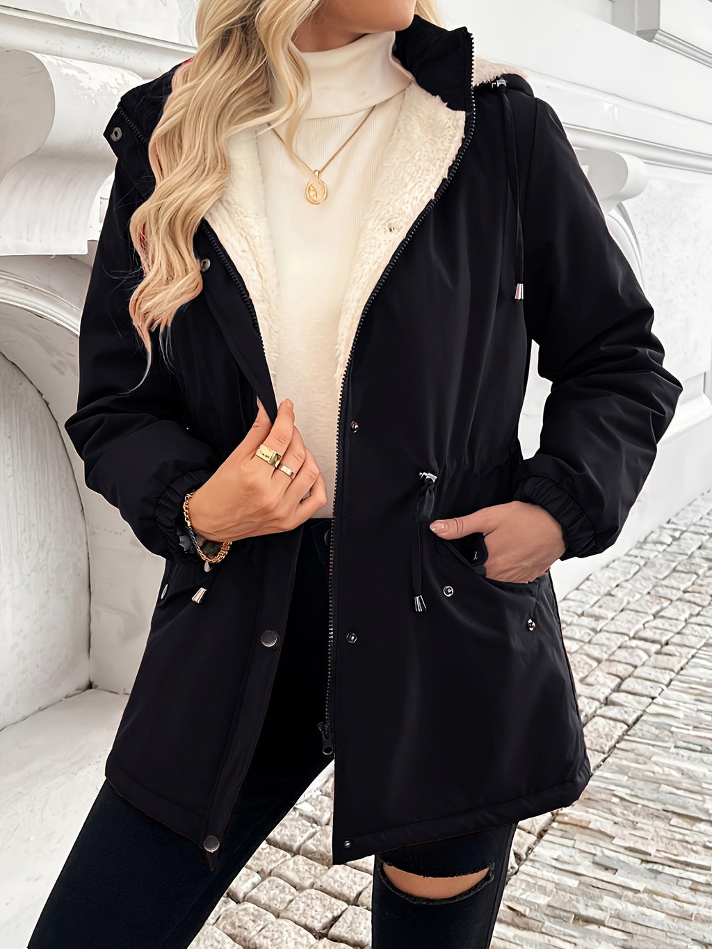 Hooded Fleece-Lined Jacket Black Women's Zip-Up Drawstring Coat – Casual, Winter Warmth