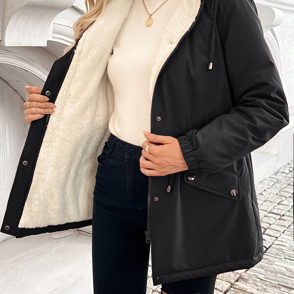 Hooded Fleece-Lined Jacket Black Women's Zip-Up Drawstring Coat – Casual, Winter Warmth