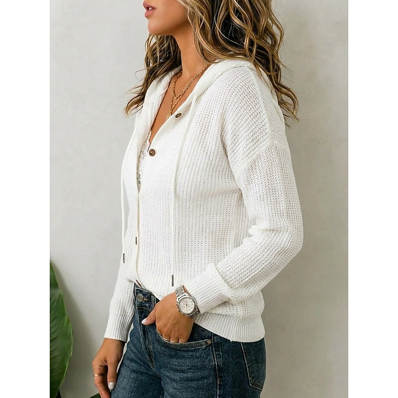 Hooded Knit Cardigan Women's Button-Front Long Sleeve Sweater – Casual, Office · Faylori